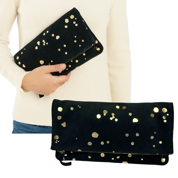 Clare V. - Women’s ‘Margot’ Fold-Over Suede Clutch Bag in Black, Gold, One Size - Picture 1 of 12